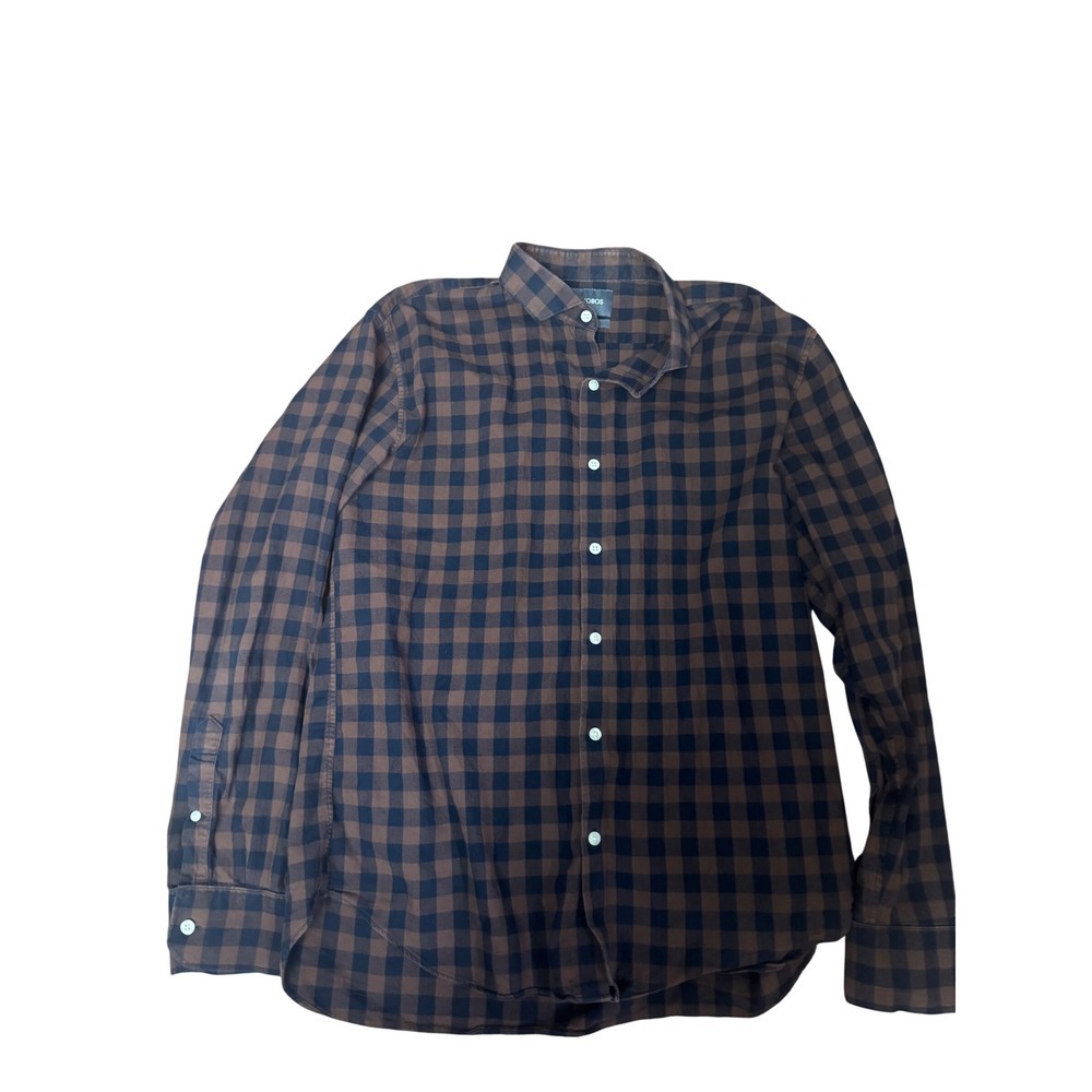 Bonobos Mens XL Slim Fit Brown‎ & Navy Blue Checkered Long Sleeve Shirt